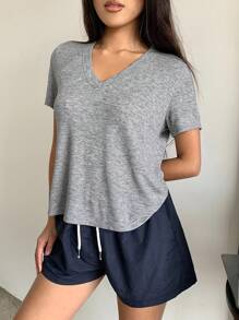 DAZY Women's Casual Simple V-Neck T-Shirt Top Combo Shorts Pajama Set - Grey - View 3