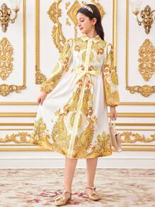 SHEIN Tween 女童融合休闲优雅宫廷风图案翻领长袖连衣裙