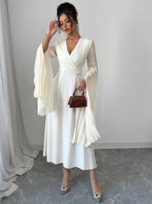 Modelyn Women's Woven Solid Color Splice Crossover Collar Long Sleeve Pleated Dress Fall Cloth For Women - Apricot - View 2