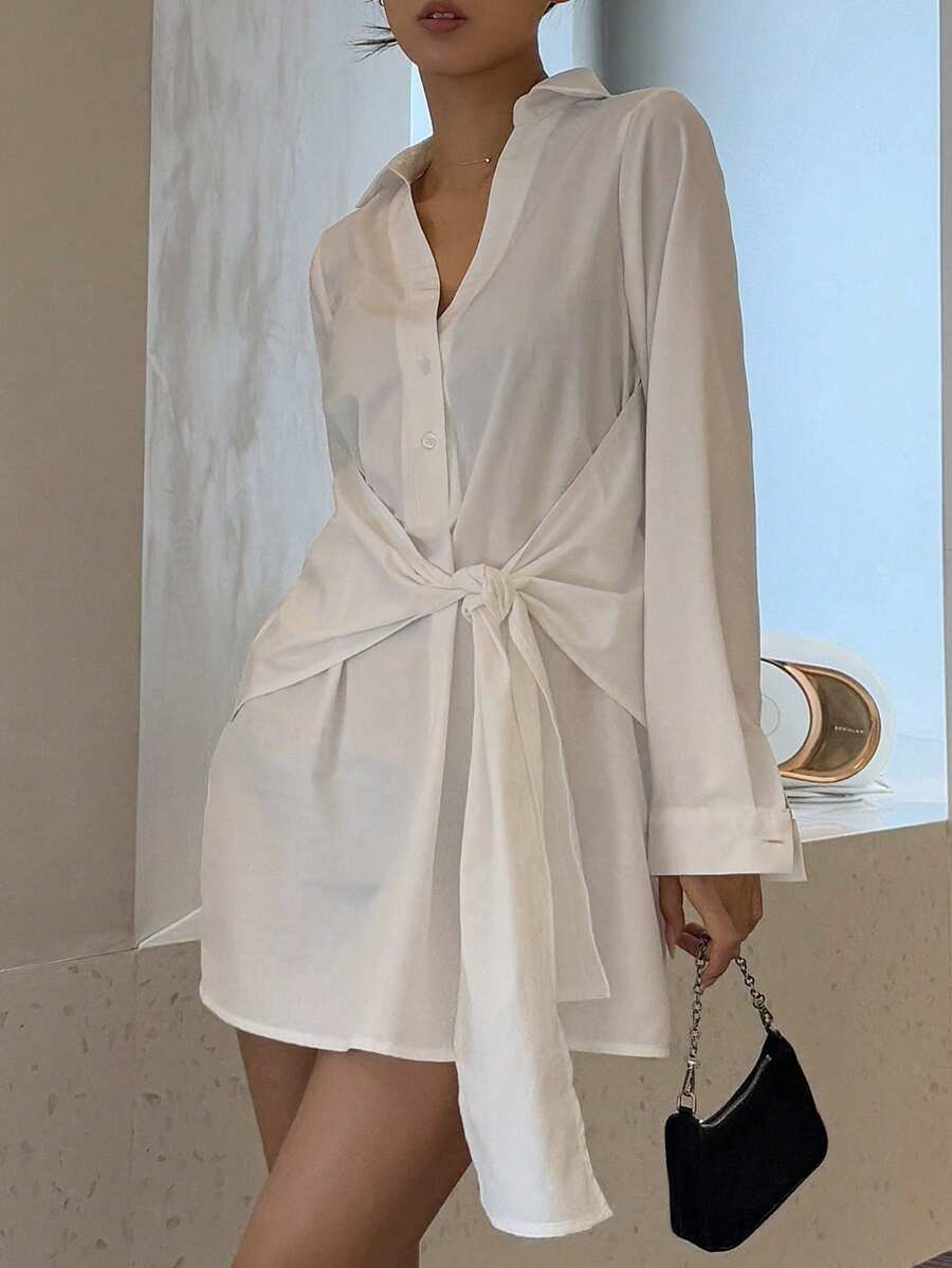 DAZY Áo cánh mùa hè đơn sắc, tay dài buộc dây, dáng rộng, trang nhã, thường ngày, quần áo mùa thu cho nữ - trắng - Xem 1
