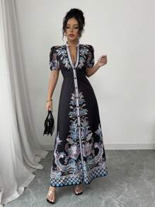 Elenzga Women's 2025 New Elegant & Sexy Deep V-Neck Fitted Long Dress - Black - View 3