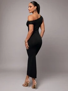Silquee Women Solid Color Asymmetrical Neck Fitted Elegant Knit Dress
