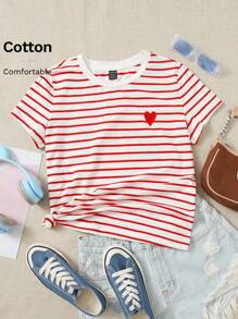 SHEIN EZwear Heart Embroidery Striped Tee
