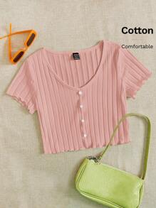 SHEIN EZwear Lettuce Edge Button Front Rib-knit Top - Coral Pink - View 6