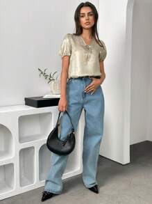 SHEIN Unity 女士夏季纯色系带泡泡袖衬衫 - 金色 - 查看 2