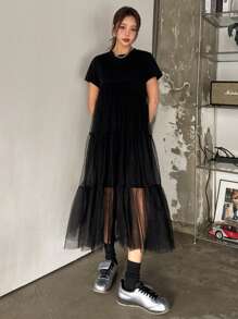 DAZY Vestido de mujer midi con cuello redondo, manga corta, parches de malla y volantes - Negro - Ver 4