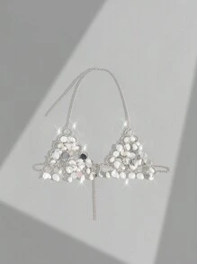 Swim EVENT Sexy Women's Metallic Ring Detail Seashell Back Scoop Neck Halter Cover-Up Top, Spring Break For Summer Beach Vacation, Halloween - Silver - View 2