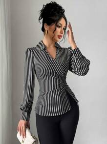 Elenzga 2024 年新款女士性感 V 领褶皱腰设计衬衫 - 黑色 - 查看 4