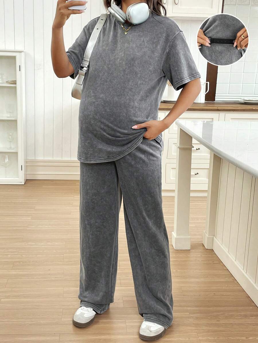 SHEIN Casual Round Neck Short Sleeve Straight Leg Pants Maternity Set, Distressed Washed Relaxed Fit - Dark Grey - View 1