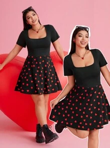 SHEIN EZwear Vestido del Día de San Valentín, vestido de manga corta con cuello cuadrado y estampado de corazones rojos talla grande