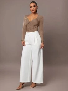 Silquee Women's Solid Color Olive Green Pleated Asymmetric Criss-Cross Long Sleeve Fitted Bodysuit, Stretch Knit, Classic Elegant Office & Casual Wear, Suitable For Autumn/Winter Layering Green Bodysuit Women Bodysuits Long Sleeve Bodysuit Green Body Suit - Khaki - View 4