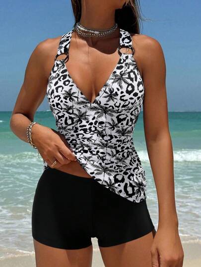 Swim Lushoire Women's Springbreak 2pcs Swimsuit Set, V-Neck Criss-Cross Back, Plant Print Tankini Top And Shorts, Casual & Comfortable For Holiday Swimming
