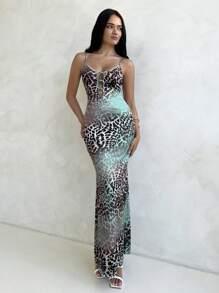 Aloruh 女士春夏季假期珍珠镂空针织豹纹渐变色紧身超长开衩吊带裙