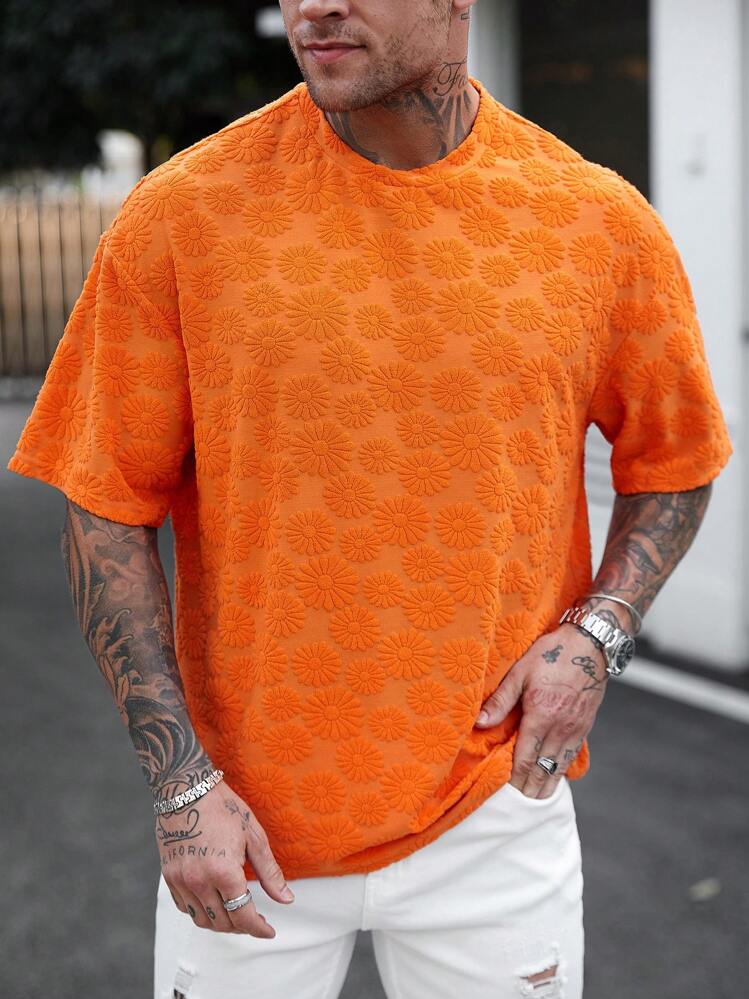 Manfinity Homme Men's Vacation Casual Style INS Round-Neck Short-Sleeve T-Shirt, Perfect For A Hawaiian Beach Vacation, As Well As Music Festivals And Everyday, Making It An Excellent Gift For Boyfriends Or Husbands. Suitable For Pairing In All Four Seasons, Especially Spring And Summer. - Orange - View 5
