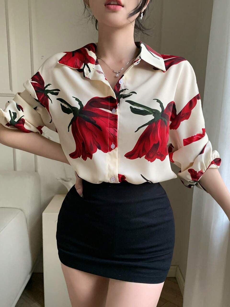 Women Floral Loose Long Sleeve Shirt, Minimalist Fashion Casual For Everyday Wear Fall