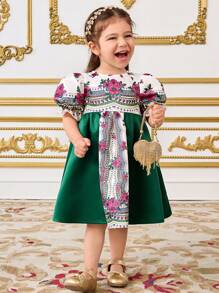 SHEIN Baby Girl Colorblock Floral Print Puff Sleeve Dress - Green - View 2