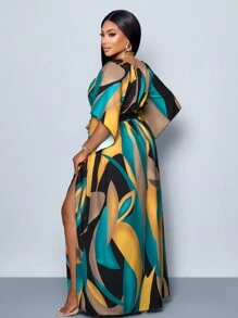 SOLERSUN New Spring And Summer Plus Size Resort Women's Casual Daily Wear Ruffle Sleeve Elastic Round Neck Waist Belt Slit Tropical Print Long Dress, Beach Outfits