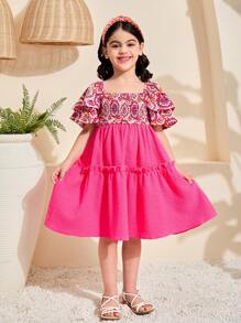 SHEIN Leap Crew Young Girl Pink Ditsy Floral Patchwork Textured Ruffle Trim Square Collar A-Line Dress,Summer Birthday Holiday Ramandan Style Matching Family Vacation - Hot Pink - View 5