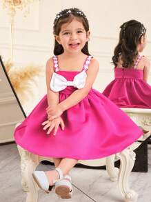 SHEIN Đầm hai dây ren viền bèo nhún phối nơ nhiều màu thanh lịch cho bé gái - Màu Hồng Tươi - Xem 2