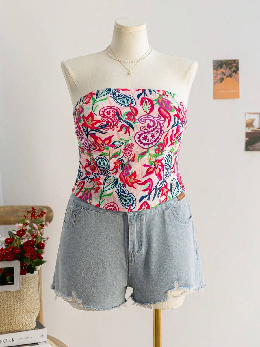 Soleia Plus Size Women Retro Colorful Paisley Floral Print Camisole Top, Holiday Style - Pink - View 1