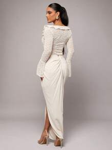 Silquee Elegant, Romantic And Personalized Spring And Summer Linen Fabric, High-Waisted V-Neck, High Slits, Low-Waisted Pleated Skirt, Suitable For Dates, Valentine's Day, Holiday Wear, Old Style, Holiday Wear, Summer Classic, Old Style, Office Wear, Comfortable To Wear, Breathable And Soft Fabric, Suitable For Commuting, Daily Vacation Wear - Beige - View 2