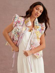 WESTFADE Winter Holiday Flower Print Cute Bow Front Puffer Vest Top 90s - Multicolor - View 4