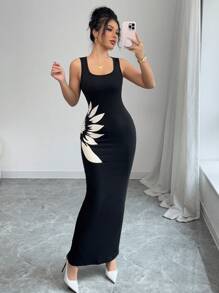 Rafferiza Vestido casual de cuello redondo con impresión y abertura lateral sin mangas para mujer