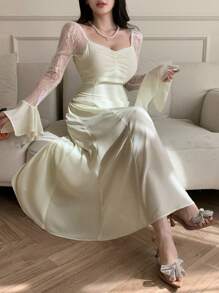 DAZY Spring Elegant Lace Patchwork Pleated Ruffle Sleeve Mid-Length Dress For Women Prom Dress,Fall Dress Long Sleeve Dress - Beige - View 5