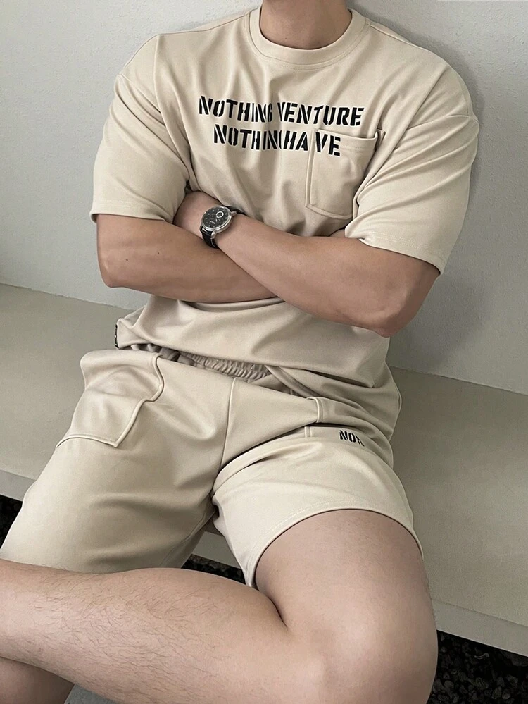 Casual Men's Letter Print Beige T-Shirt Set, Summer