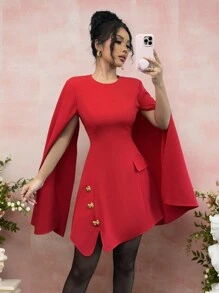 Chiquease Women's Elegant V-Neck Slit Sexy Cute Mini Dress, Date, Valentine's Day, Party, Bow Accent, Solid Red Fall Cloth For Women - Red - View 1