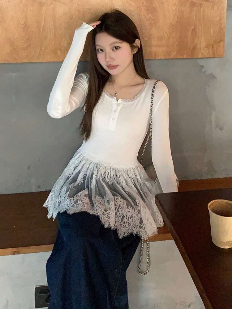 Women's Round Neck Lace Patchwork Long Sleeve Button Front Simple Casual Top, Daily Wear,Fall Women Clothes