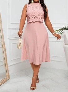 Fleurora Plus Size Laser Cut Ombre Pink Elegant A-Line Mid-Length Dress With Illusion Design - Pink - View 6