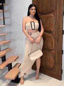 SHEIN SXY 两件套女士可调节搭扣露脐抹胸上衣和半身裙，外出套装，Y2K风格，女士套装，约会装，夏季女装，卡其色，紧身，女士两件套，性感 - 卡其色 - 查看 5