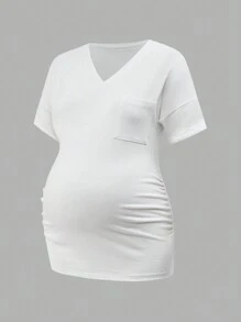 SHEIN Top ajustado de manga corta con escote en V para maternidad, uso casual diario - Blanco y Negro - Ver 7