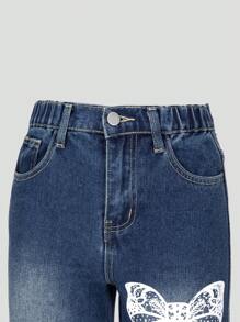 SHEIN Jeans anchos y sueltos lavados con estampado de lazo azul y blanco vintage desgastados para niñas preadolescentes - Azul lavado oscuro - Ver 4