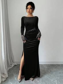 Elenzga 情人节红色节日连衣裙，长袖拼接珍珠串珠收腰褶皱开衩优雅浪漫连衣裙女 - 黑色 - 查看 7