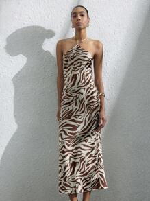 Frievida 女士优雅纹理斑马纹拼色束腰连衣裙（配围巾） - 彩色 - 查看 5