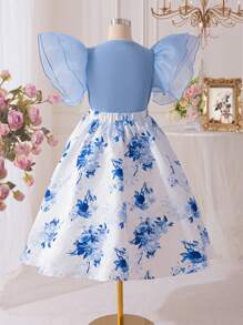 SHEIN Leap Crew Tween Girls 2pcs Set Layered Ruffle Sleeve Blouse & Floral Print Skirt - Blue and White - View 4