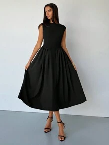 Aloruh Vestidos largos elegantes de mujer con cuello redondo, mangas cortas, espalda ajustada y mangas de campana - Vestidos elegantes de verano para mujer - Vestidos de vacaciones - Vestidos de mujer - Vestidos de verano de mujer - Vestidos negros de mujer - Vestidos de cumpleaños de mujer