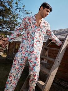 Manfinity ChillVibe Men's Floral Print Long Sleeve Top And Pants Pajama Set - Red and White - View 6