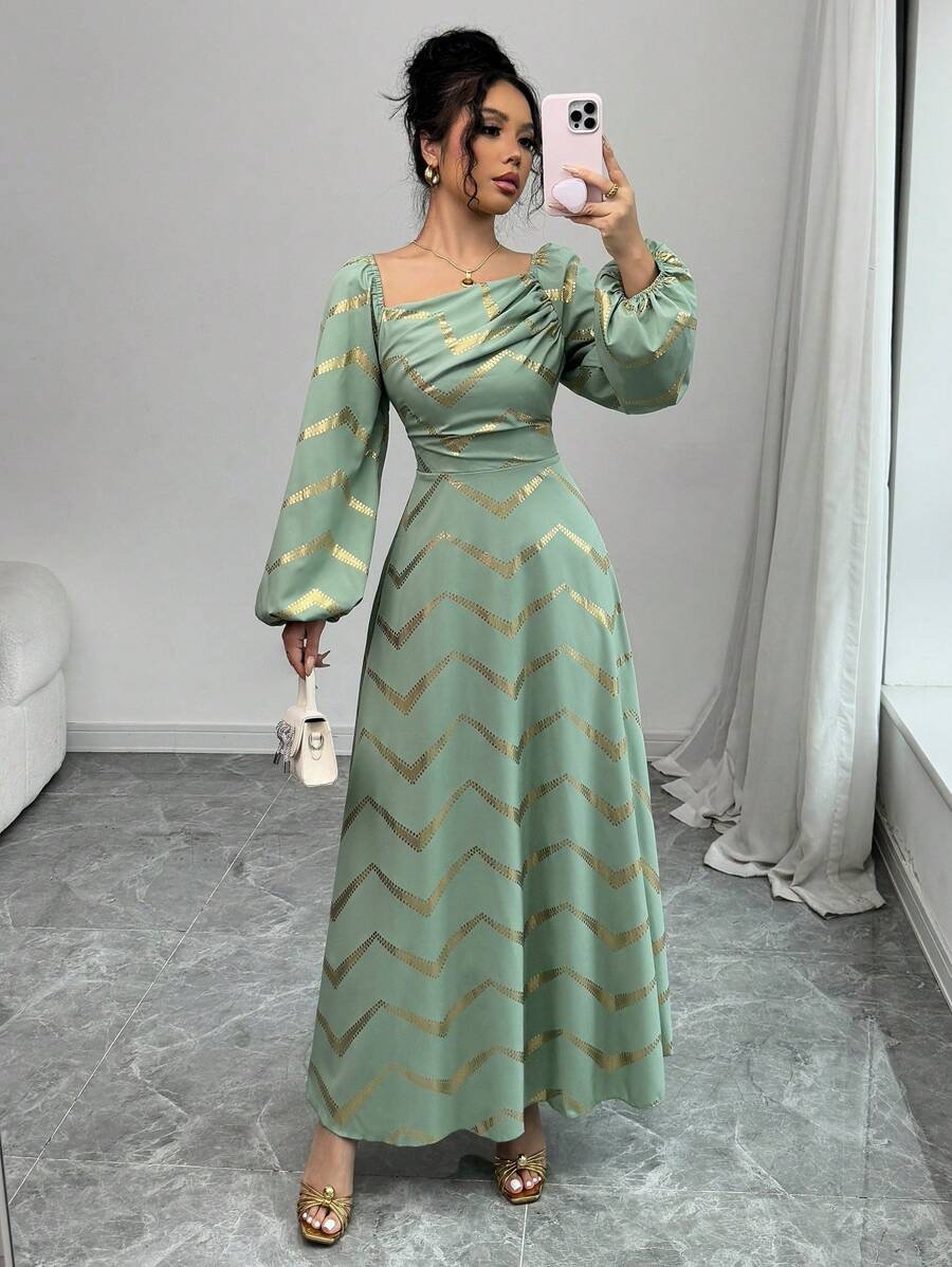 Modelyn Women's Elegant Gold Foil Print Lantern Sleeve Long Dress Fall Cloth For Women