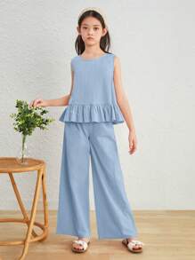 SHEIN Tween Girls Loose Casual Cap Sleeve Crew Neck Top And Pants 2 Pieces Set - Baby Blue - View 4