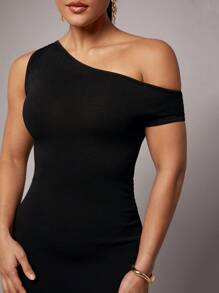 Silquee Women Solid Color Asymmetrical Neck Fitted Elegant Knit Dress