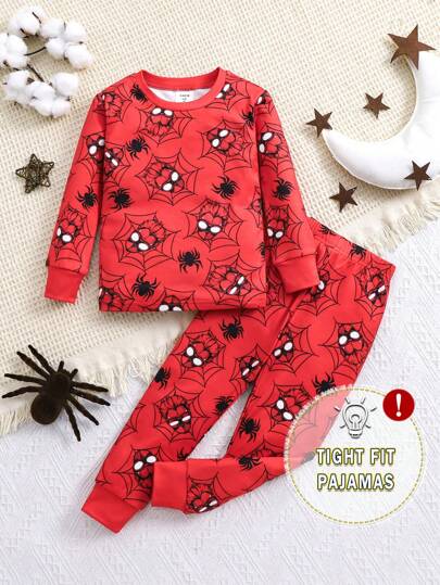 SHEIN 2pcs/Set Young Boy Spider & Superhero Pattern Crew Neck Long Sleeve T-Shirt & Soft Comfy Lounge Pants Snug Fit Pajama Set, Autumn/Winter