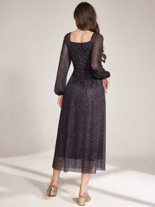 Modelyn Robe moulante à col carré, manches lanternes, doublure imprimé léopard pour femmes - Multicolore - Voir 2
