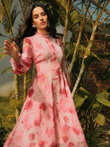 Anewsta 法式粉红玫瑰花卉蕾丝拼接长袖 A 字裙，优雅的春季、度假、复活节、早午餐装扮 - 粉色 - 查看 1