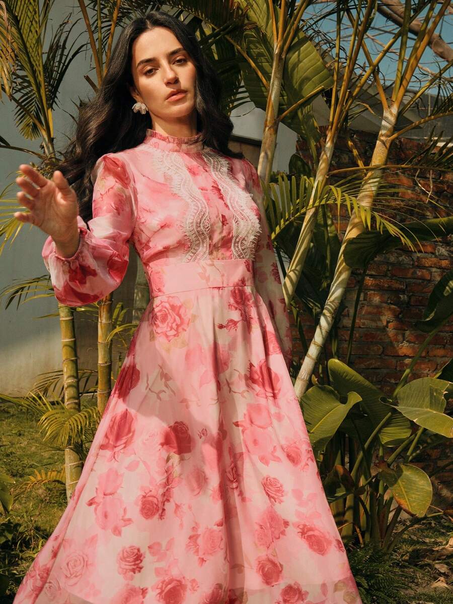 Anewsta 法式粉红玫瑰花卉蕾丝拼接长袖 A 字裙，优雅的春季、度假、复活节、早午餐装扮 - 粉色 - 查看 1