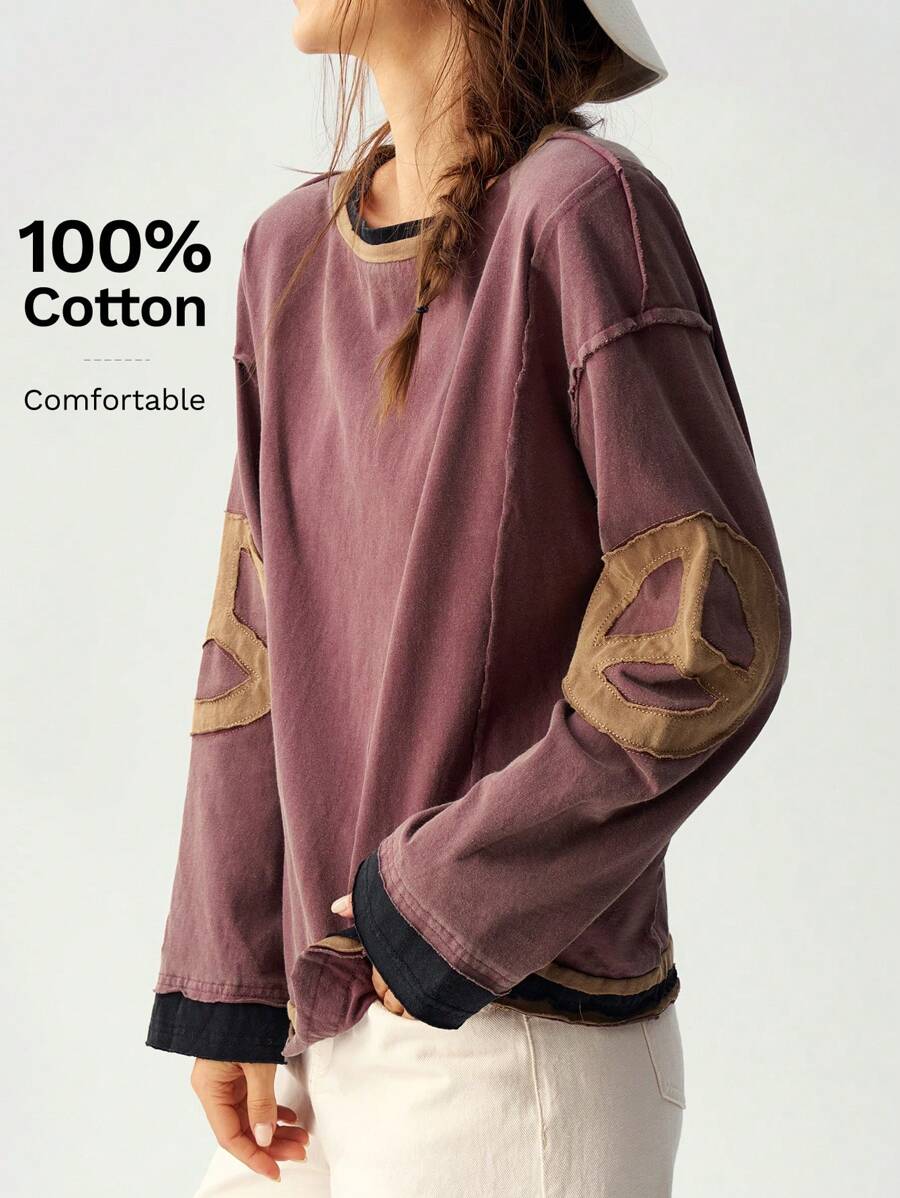 Bohemela 女士超大针织圆领运动衫，度假风格，秋冬长袖上衣 - 紫色 - 查看 1