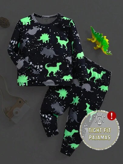 SHEIN Set de 2 piezas de pijama informal y cómodo con parte superior de manga larga y pantalones para niño bebé, con estampado de dinosaurio neón, adecuado para otoño/invierno