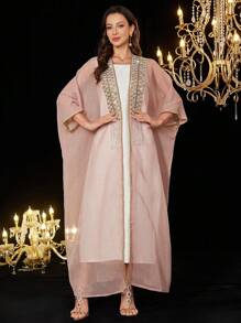 Al Najma Elegant Beaded Blouse Suit For Goddess, Fashion, Modest Kaftan - Pink - View 4